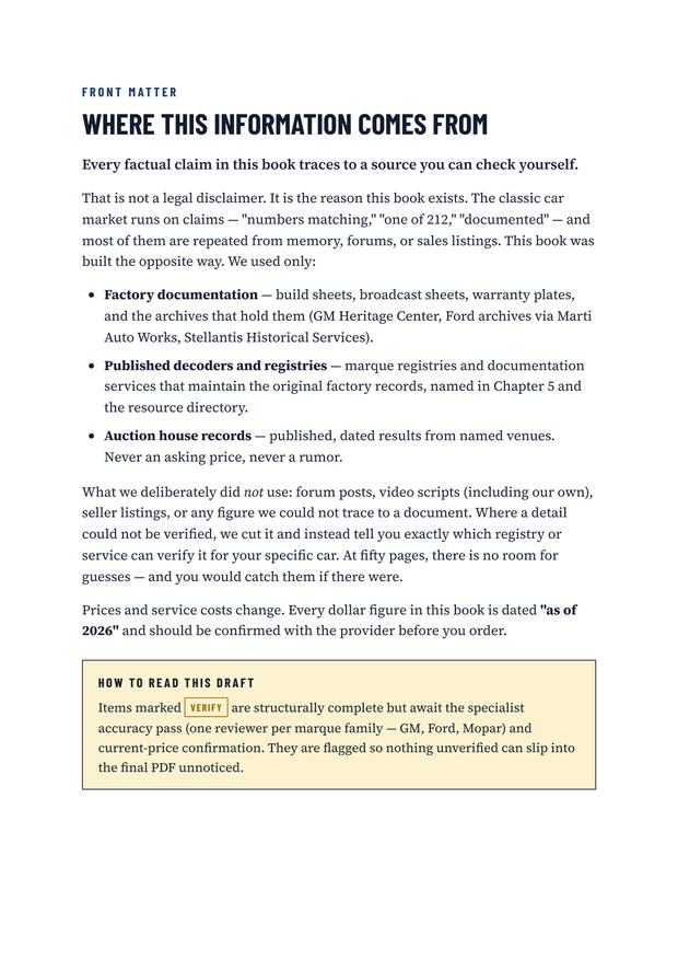 The book's front-matter page headed &lsquo;Where this information comes from&rsquo;, listing factory documentation, published decoders and registries, and auction house records as its only sources.