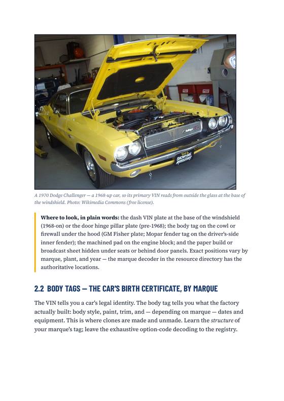 Page from chapter 2 showing a yellow 1970 Dodge Challenger with the hood open, above a boxed note listing where the dash VIN plate, body tag, engine pad and build sheet are found.