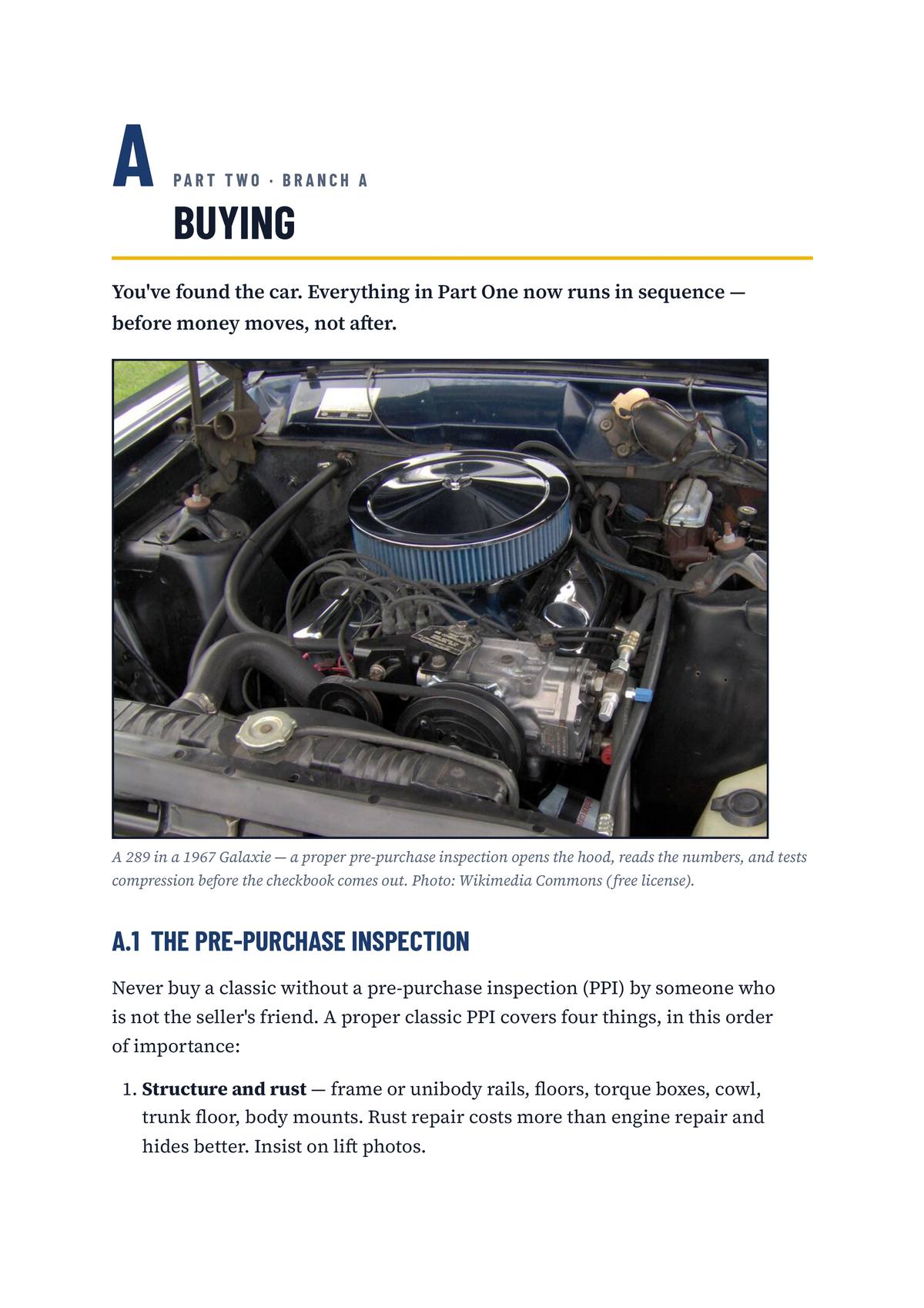 Full-size opening page of Branch A on buying, with a photograph of a 1967 Galaxie engine bay above the pre-purchase inspection section.