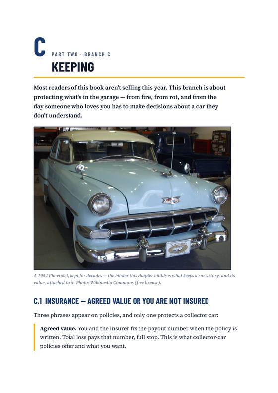 Opening page of Branch C, Keeping, showing a pale blue 1954 Chevrolet in a workshop above the section on agreed-value insurance.