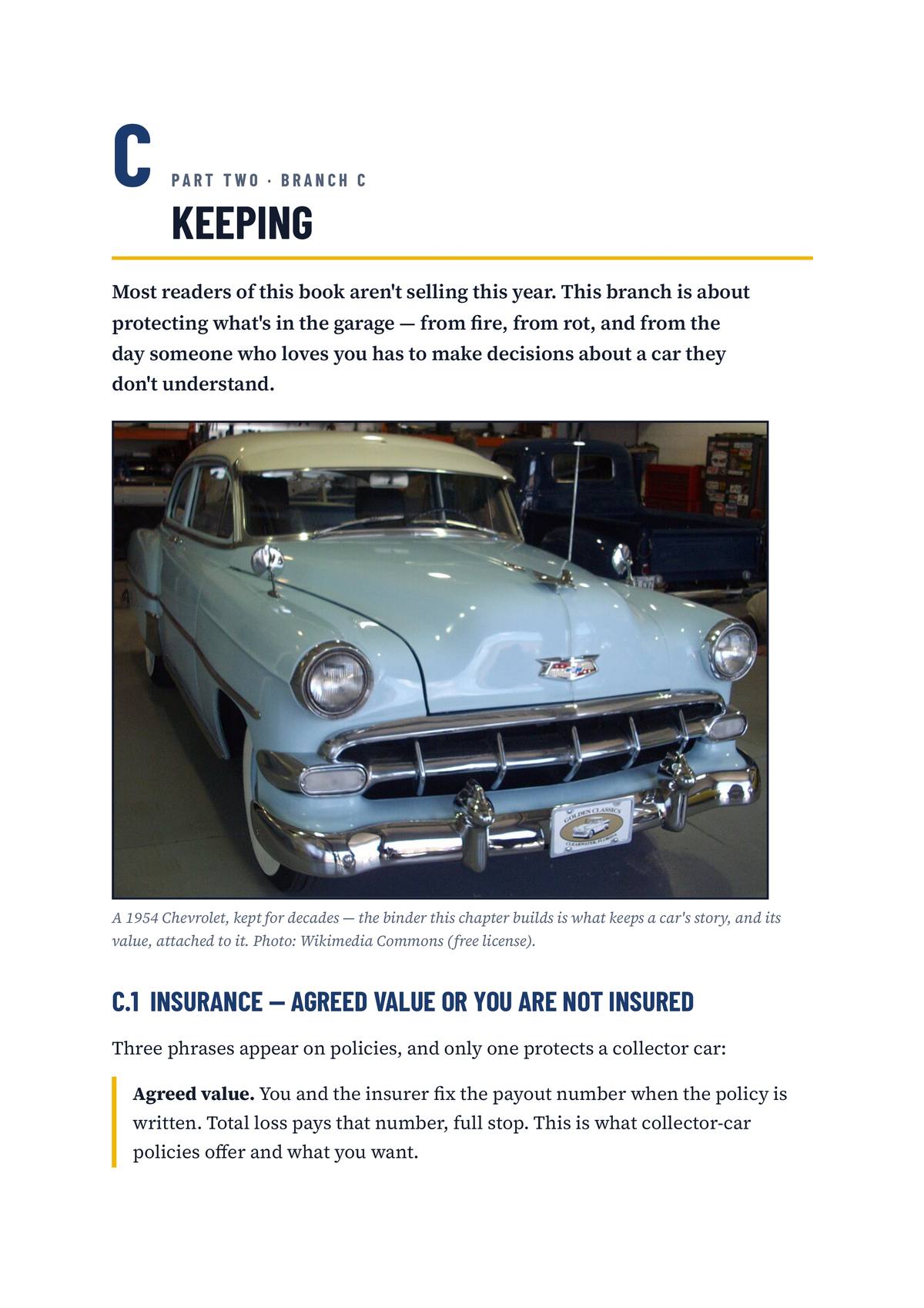 Full-size opening page of Branch C on keeping, with a photograph of a 1954 Chevrolet above the section on agreed-value insurance.