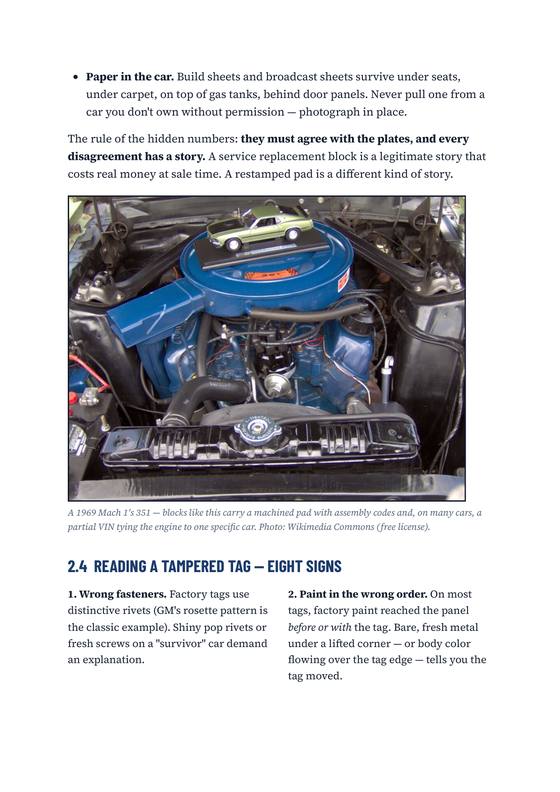 Page from chapter 2 showing the blue 351 engine bay of a 1969 Mach 1, above the start of the eight signs of a tampered tag.